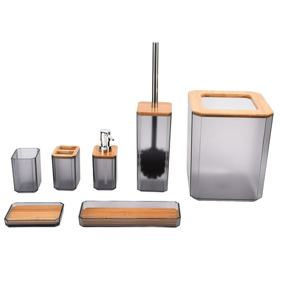 BIMZUC 7-Piece Bamboo Bathroom Accessories Set Soap Holder Toothbrush Cup Trash Can Grey