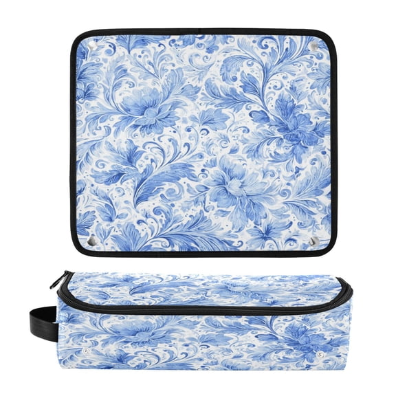 Hair Tools Travel Bag Heat-Resistant Curling Iron Organizer Bag with Detachable Heatproof Mat Travel Storage Case Blue Watercolor Floral Pattern