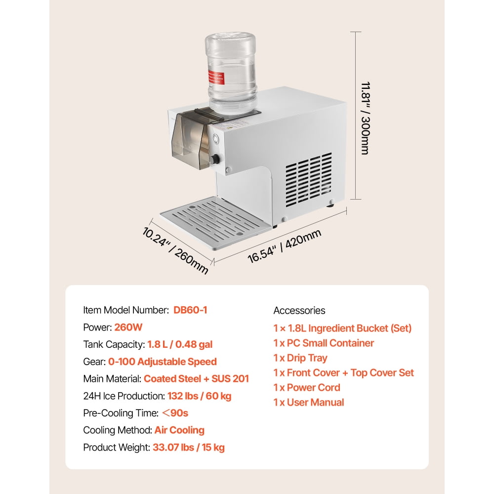 Snowflake Ice Machine 132LBS 24H Electric Snow Cone Maker Ice Shaver Machine Commercial Ice Crusher with Stainless Steel Blade 0.48Gal Tank 90S Pre Cooling for Home Bar Parties Small Gatherings