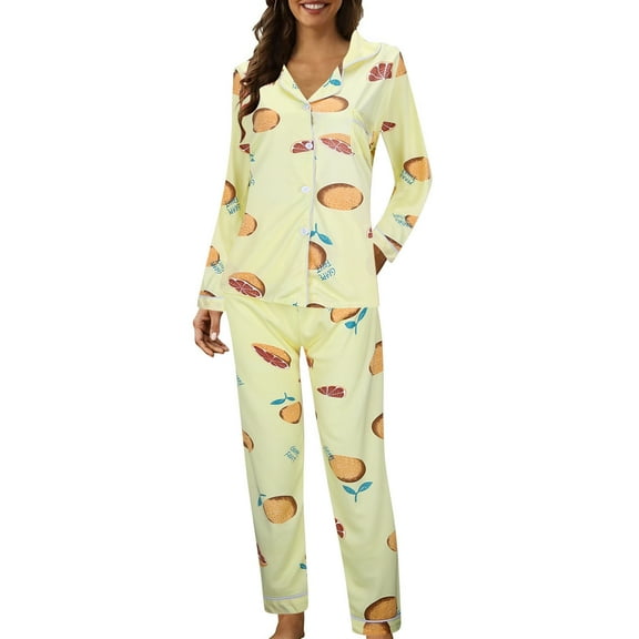 Womens Pajama Set Casual Lapel Button Long Sleeved 2 Two Piece Women's Sleepwear,Light Yellow,L