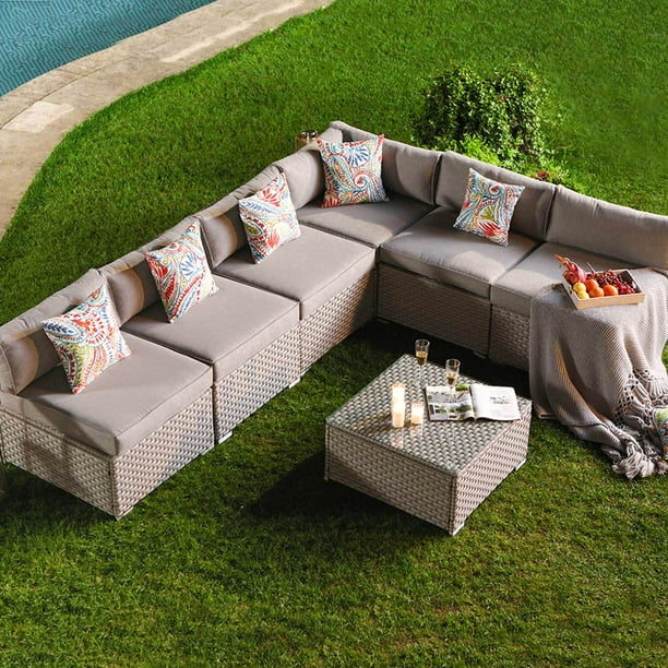 COSIEST 7Piece 6Seaters Outdoor Conversation Furniture Gray Wicker