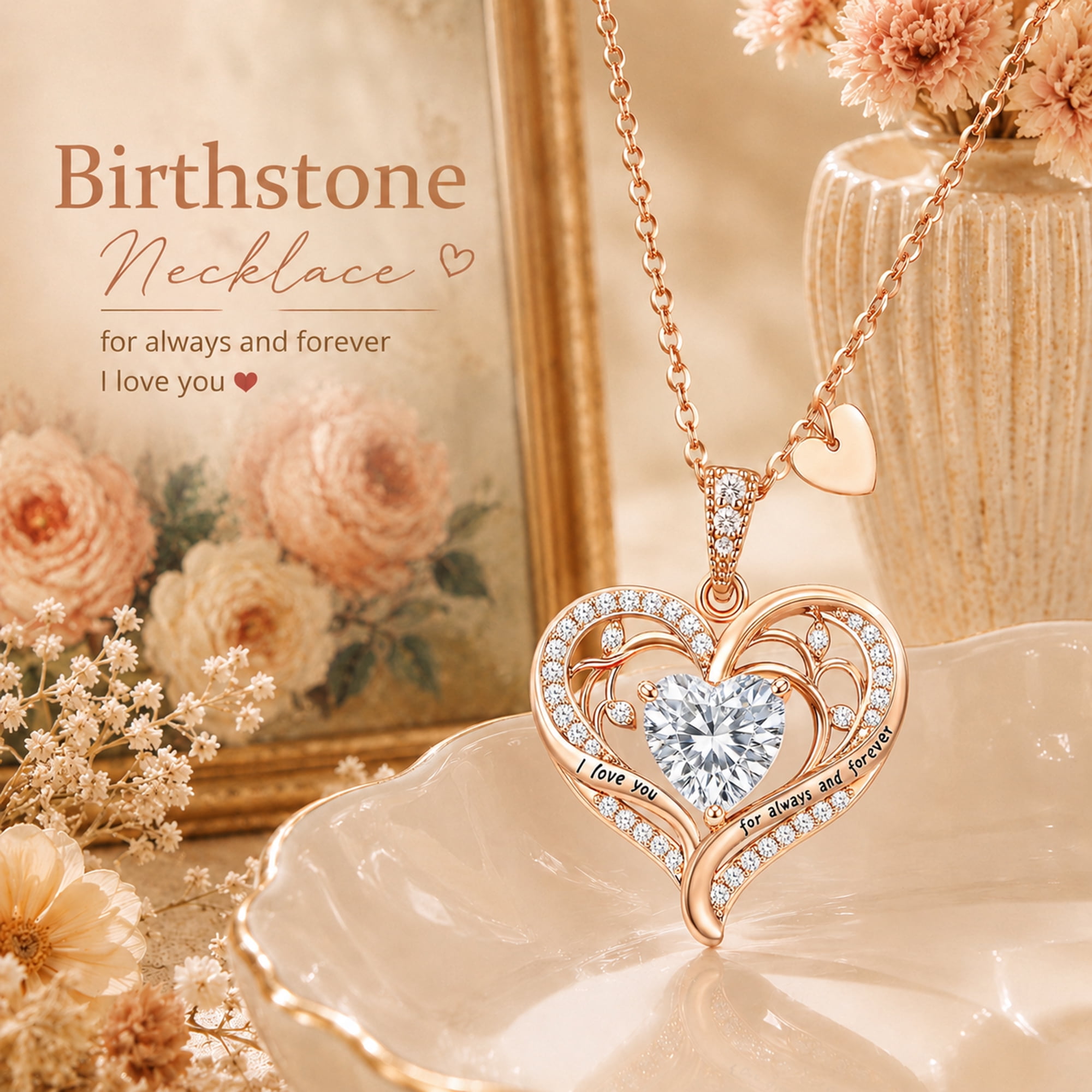 HESHPAWS Love Pendant Necklaces for Women With Birthstone Zirconia, Christmas Birthday Anniversary Jewelry Gift for Women Wife