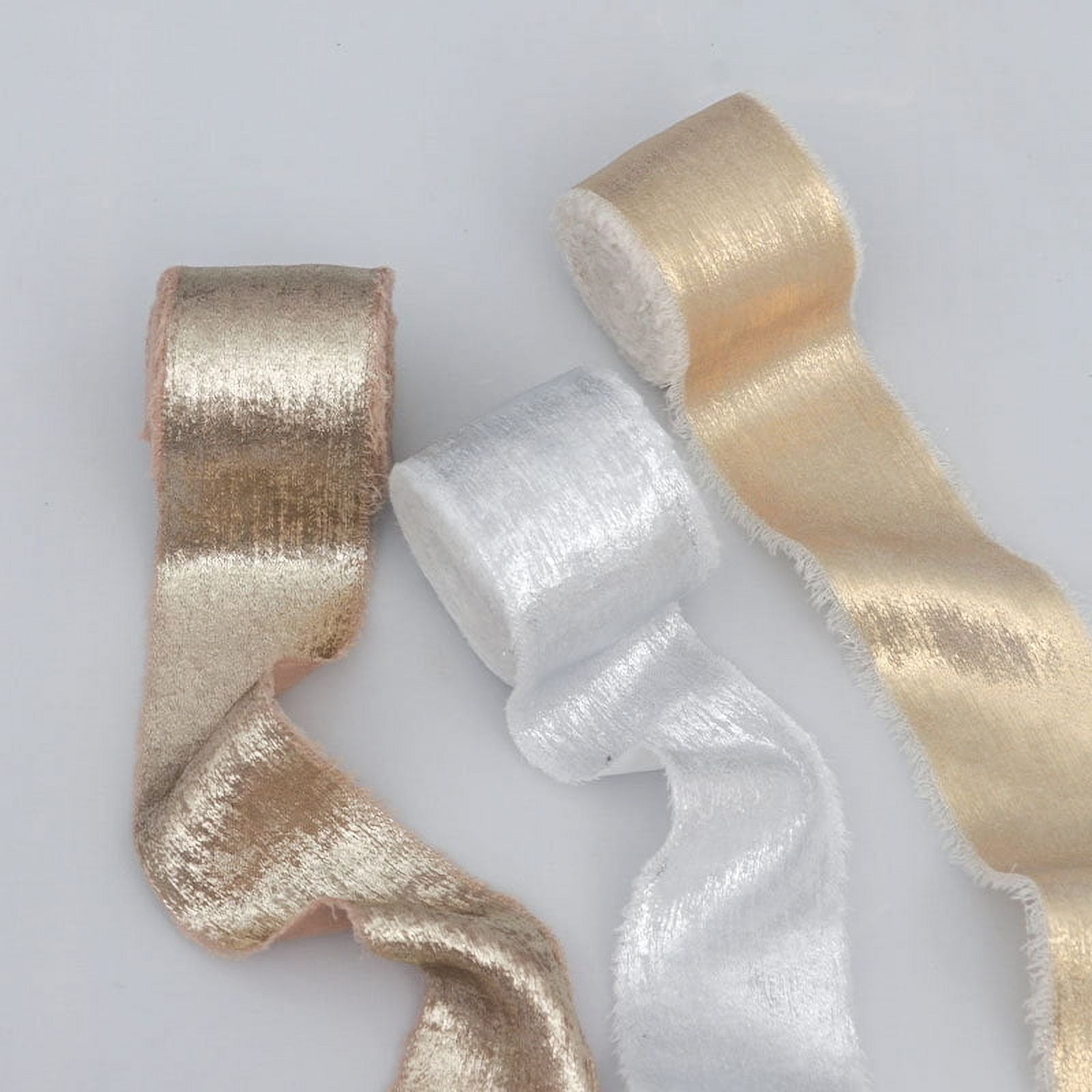 INS Torn-Edge Gold Foil Plush Silk Ribbon - Wedding Bouquet Tassel Streamer, Bow Decoration, Real Silk Fabric