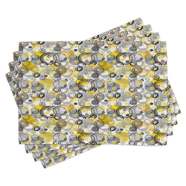 Grey and Yellow Placemats Set of 4 Hand Drawn Sketchy Geometrical Retro