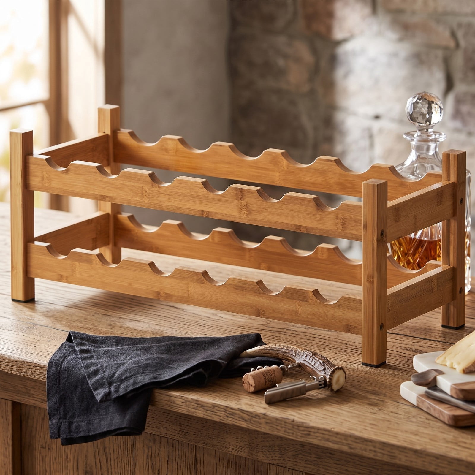 RUIE 2-Tier Bamboo Wine Rack, 12-Bottle Countertop Storage Shelf Holder for Kitchen Pantry Wine Cellar Bar, Space-Saving Freestanding Wooden Display Organizer, Natural