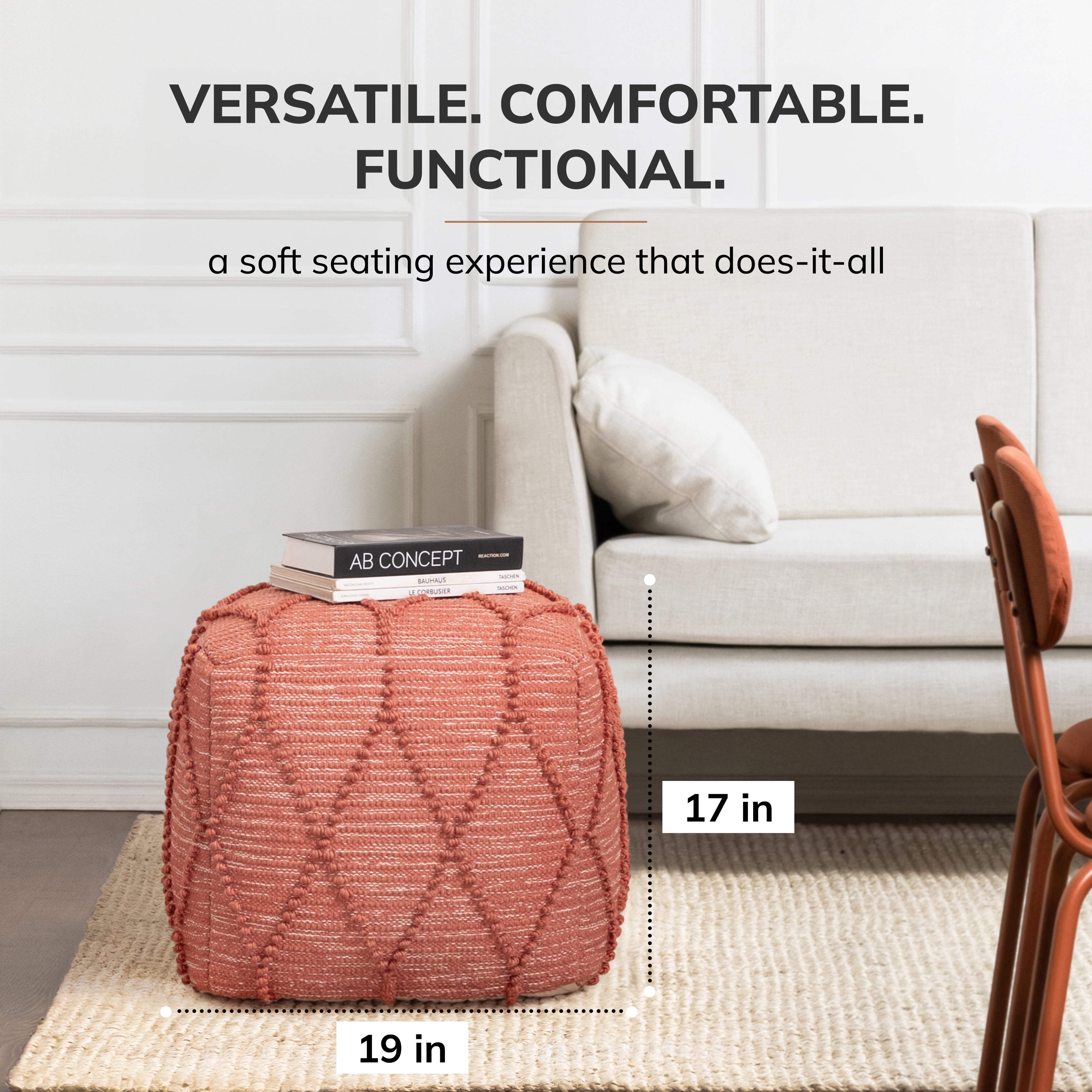 Anji Mountain Pouf Ottoman Foot Rest, Handmade Ottoman Pouf, Comfortable Foot Stool, Decorative Floor Seating for Living Room Decor, Bedroom & Home Décor Accent - Terracotta