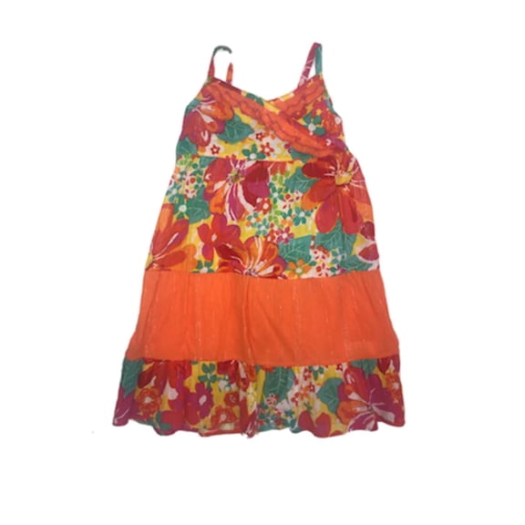 Girls Orange Flower Sundress Shimmer Tier Sleeveless Summer Dress 5