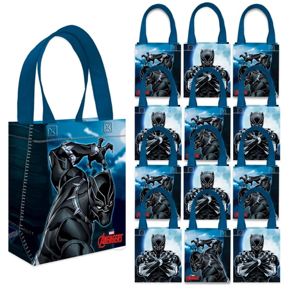 Black Panther Party Favor Bags Set – 12 Pack 8" Marvel Goodie Bags for Kids Bulk Reusable Mini Totes | Avengers Black Panther Birthday Party Supplies