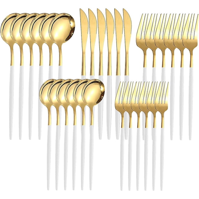 Cubertería de acero inoxidable duradero blanco y dorado pulido cuchillos, tenedores de cuchara, 30 piezas, utensilios de cocina, lavaplatos, regalo ideal