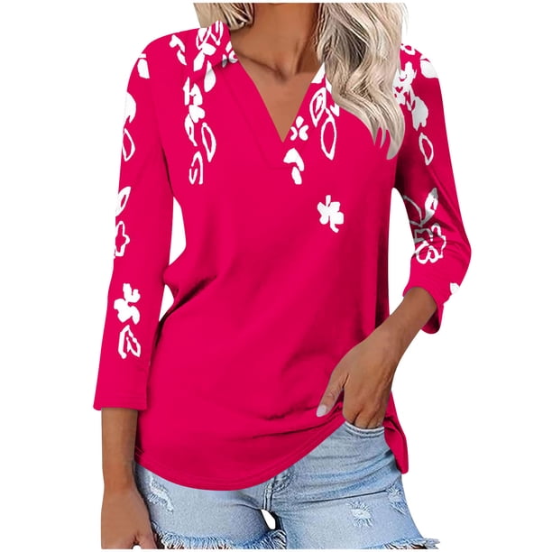 Camiseta de Solapa de Cuello en V de la Manga Superior de 3/4 de las Mujeres, Uso Diario Cómodo Casual