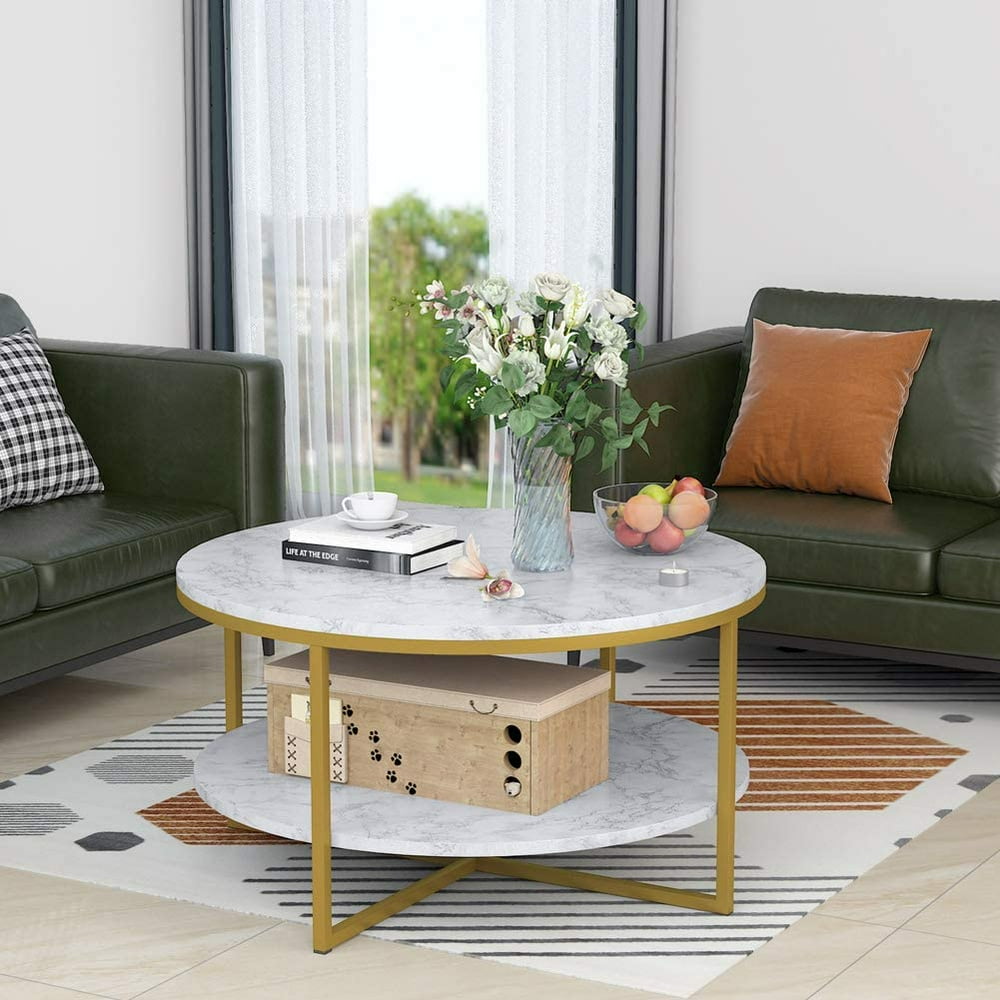 Round Coffee Table Modern Marble Style with Gold Metal Legs Open
