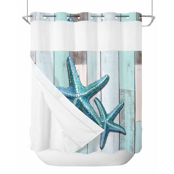 No Hook Shower Curtain with Snap-in Liner, Teal Blue Starfish Waterproof Fabric Bathroom Curtains, Summer Beach Coastal Retro Wooden Bath Curtains & Mesh Top Window 72"x78" Long