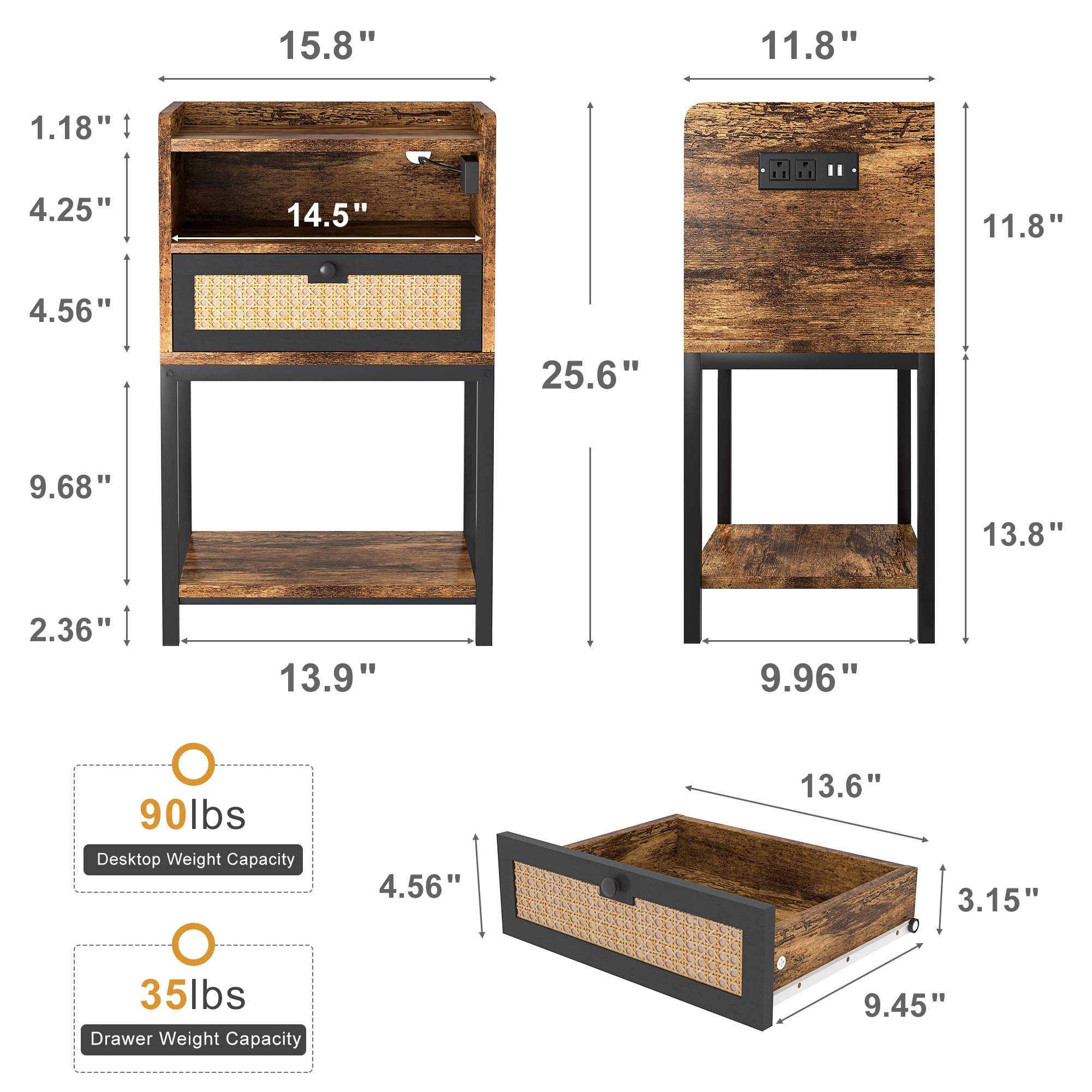 Kadyn Modern Nightstand, Night Stand with Charging Station & USB Ports, Bedside Table with Drawers and Charging Cable for Living Room, Brown
