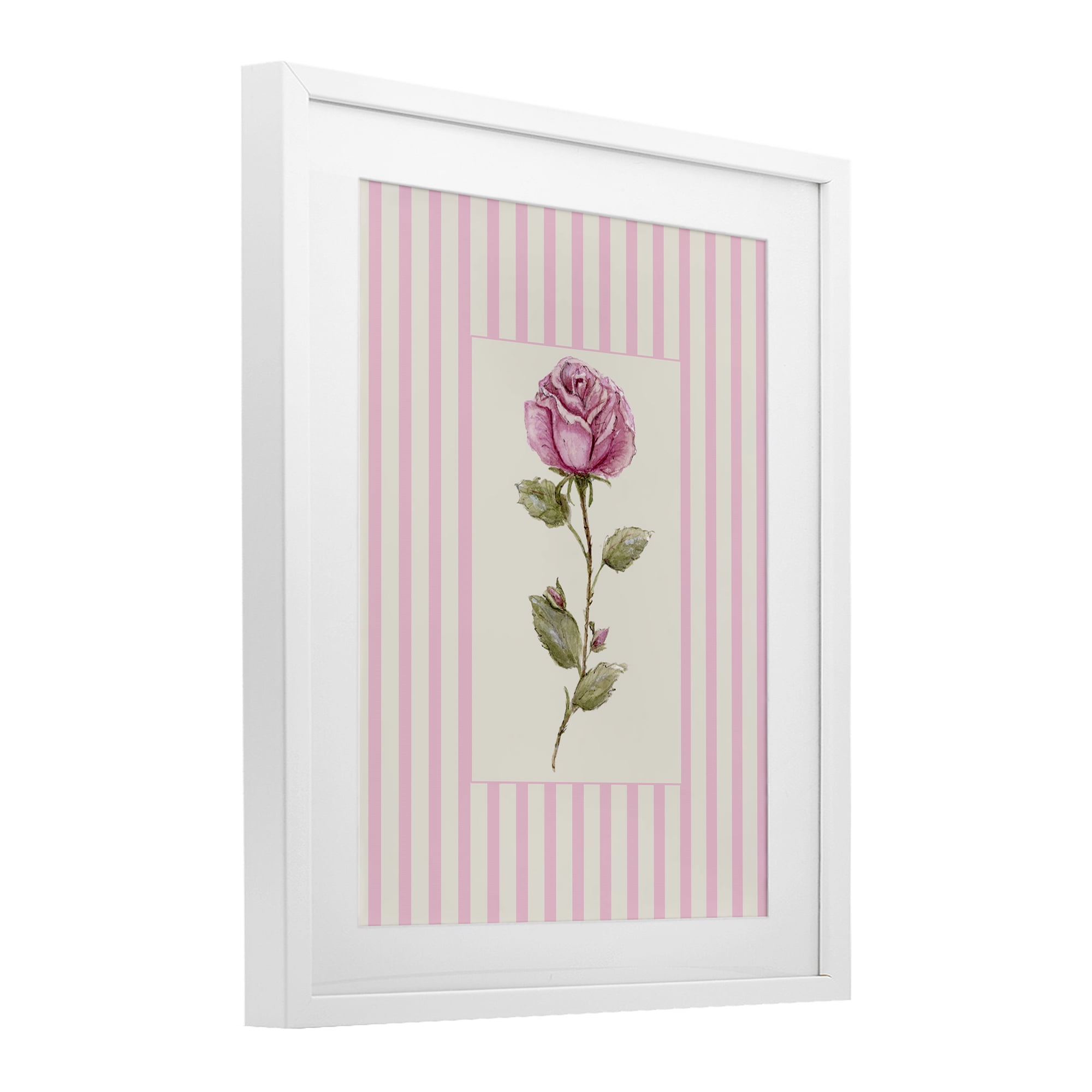 Pink Stripe Rose White Framed Print Under Glass, design by Lisa Wehmeyer
