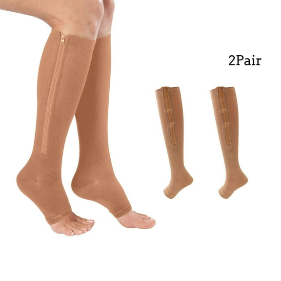 2PC Unisex Compression Socks with Zipper, Stretch Leg Support Open Toe Knee Stockings, Sports and Football Socks, Nude XXL