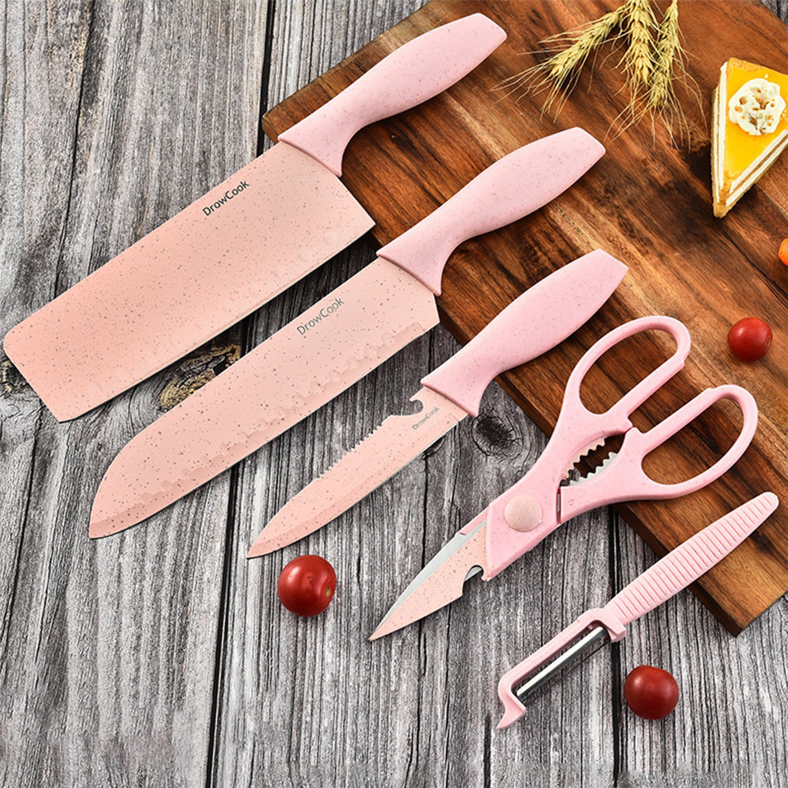 LEISIDY 7 Pieces of Pink Kitchen Knife Set - Non-stick Stainless Steel  Kitchen Knives Set with 1 Scissor & 1 Peeler Stand and Chopping Board with  Gift