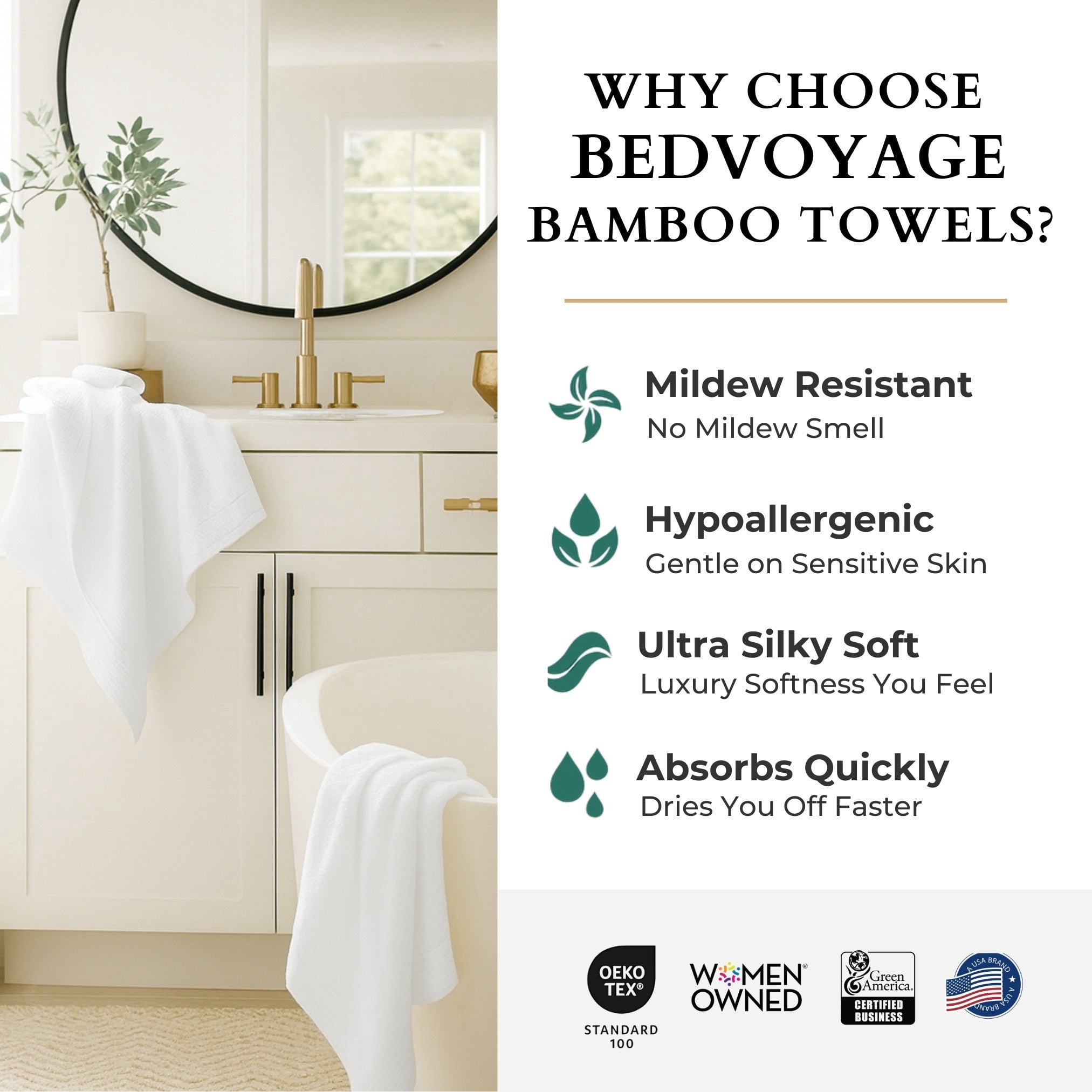 BedVoyage Towel Set 3pc - Viscose from Bamboo + Cotton - 600 GSM - Absorbent & Odor Resistant - White