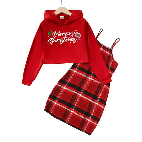 Mikrdoo 8Y,9Y,10Y,11-12Y,13-14Y Kids Girls Christmas Outfits Straps Plaid Print Dress Print Letter Graphics Long Sleeve Sweater Hoodies 2Pcs Nice Apparel Clothes Set 8 Years Red