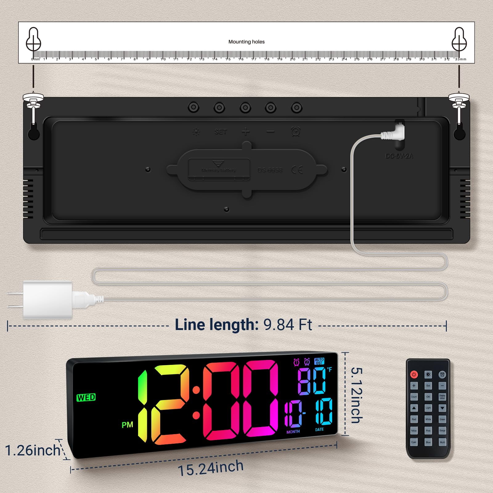 16" Large Digital Wall Clock: Wall Mount Clock with Big Led, Count Down Timer, Alarm, Big LED, 4 RGB Color, DST, Temperature for Living Room Bedroom Office Desk Wall Decor, Black