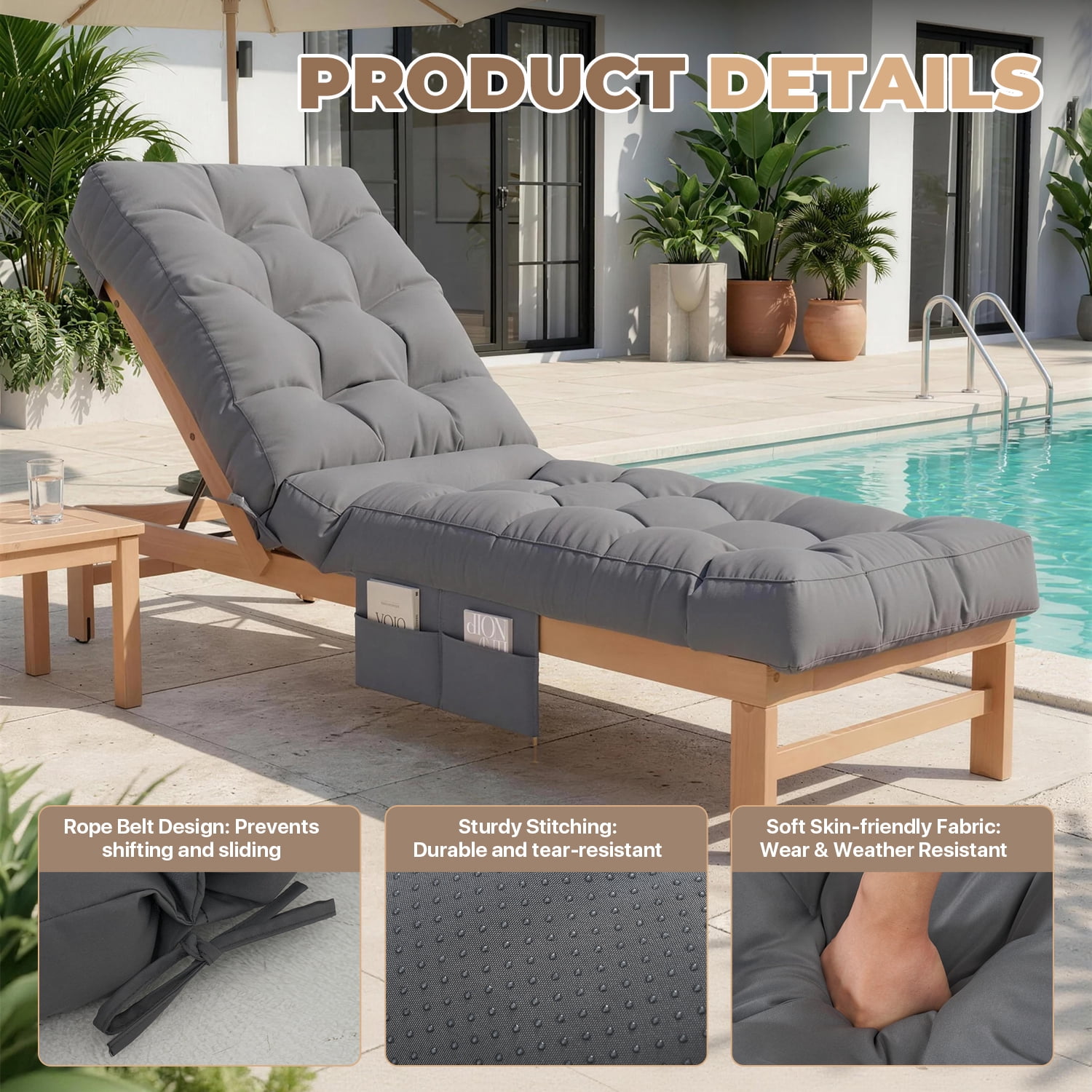 BaPiPro Gray Outdoor Chaise Lounge Cushion with Side Pocket, Triple Non-Slip Fixation, All-Weather Durable & Soft Fabric, Thickened Padding, Ideal for Patio and Poolside Use