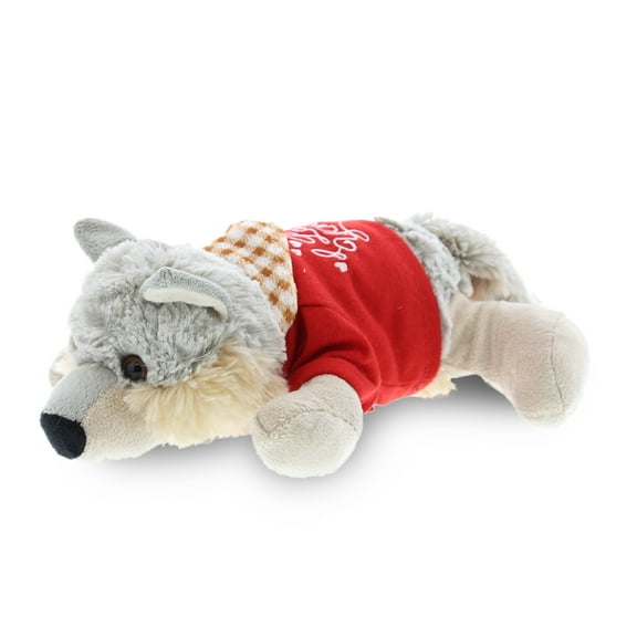 DolliBu I LOVE YOU Plush Lying Gray Wolf – Cute Stuffed Animal with Red Shirt for Valentine, Anniversary, Romantic Date, Boyfriend, or Girlfriend Gift – 9 Inches