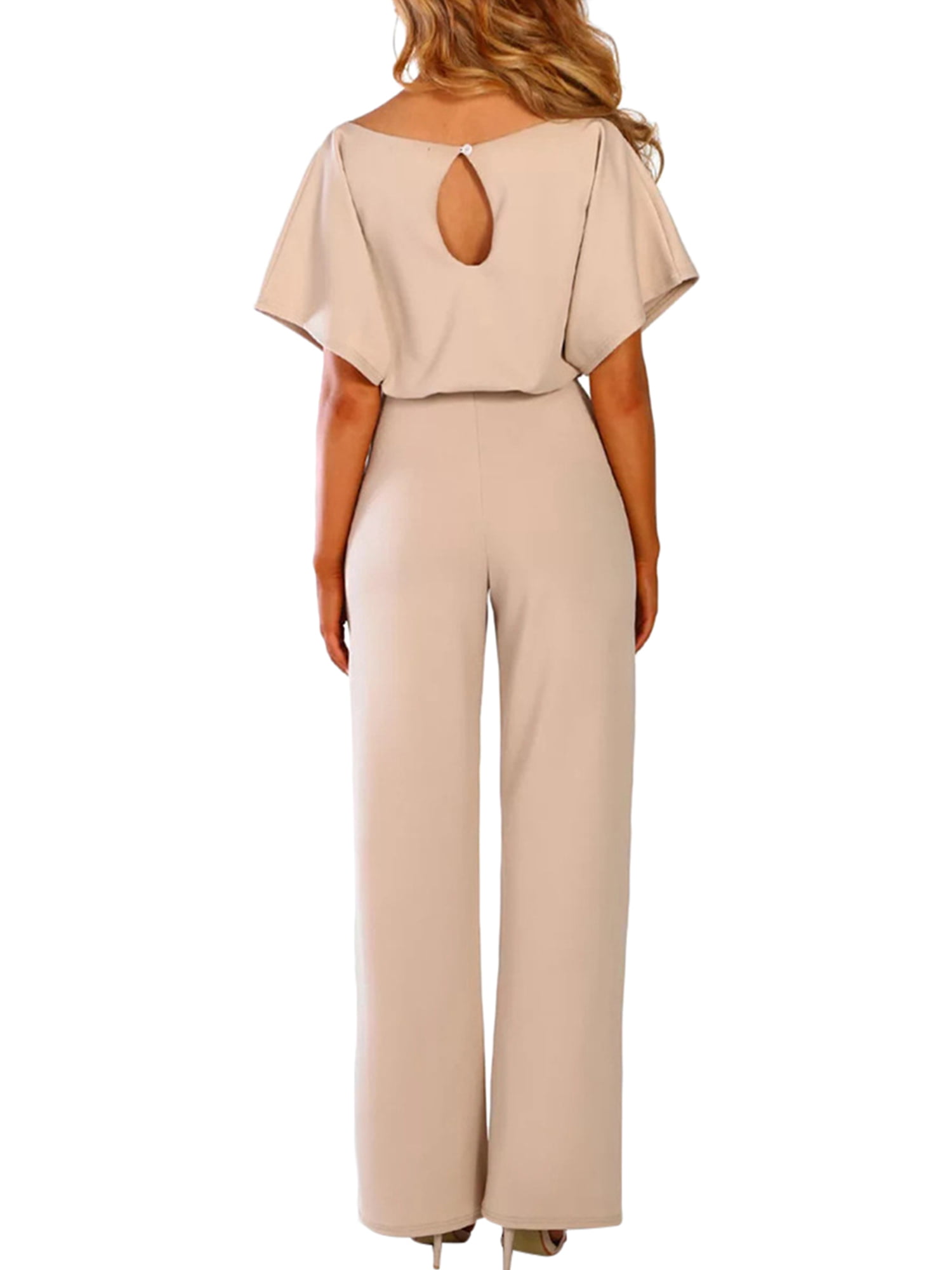 QIANS Womens Casual Short Sleeve Belted Jumpsuit Long Pants Back Keyhole Overall Romper Playsuit 