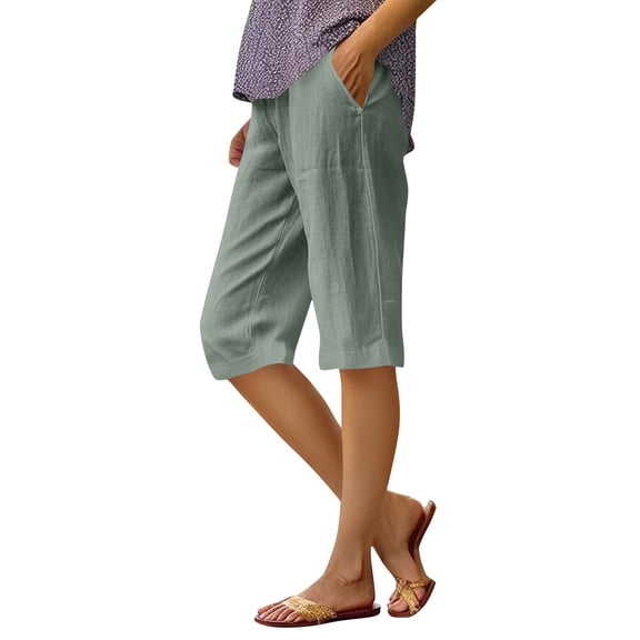 Oplxuo Womens Capri Pants 2026 Knee Length Cotton Linen Capris Summer Straight Leg Loose Beach Bermuda Shorts with Pockets