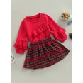 thumbnail image 3 of Qiylii Girl’s Solid Color Ruffle Long Sleeve Tops+Plaid Short Skirt,Red 1-5Year, 3 of 8