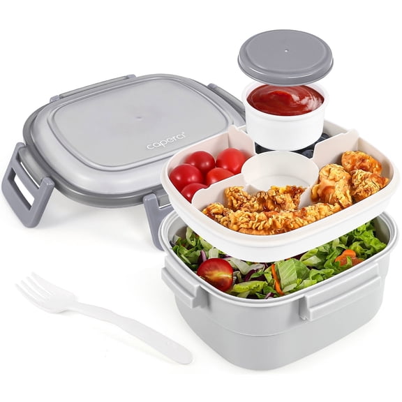 Caperci 55 oz Superior Salad Bento Box with 4-Compartments, 3 oz Sauce Container, Reusable Spork & BPA-Free (Gray)