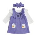 thumbnail image 4 of AUDeals Baby Girl Halloween Outfit Long Sleeve Ruffle Romper Ghost Embroidery Overall Dress Headband Cute Fall Clothes ﻿ (Purple, 3-6 Months), 4 of 9