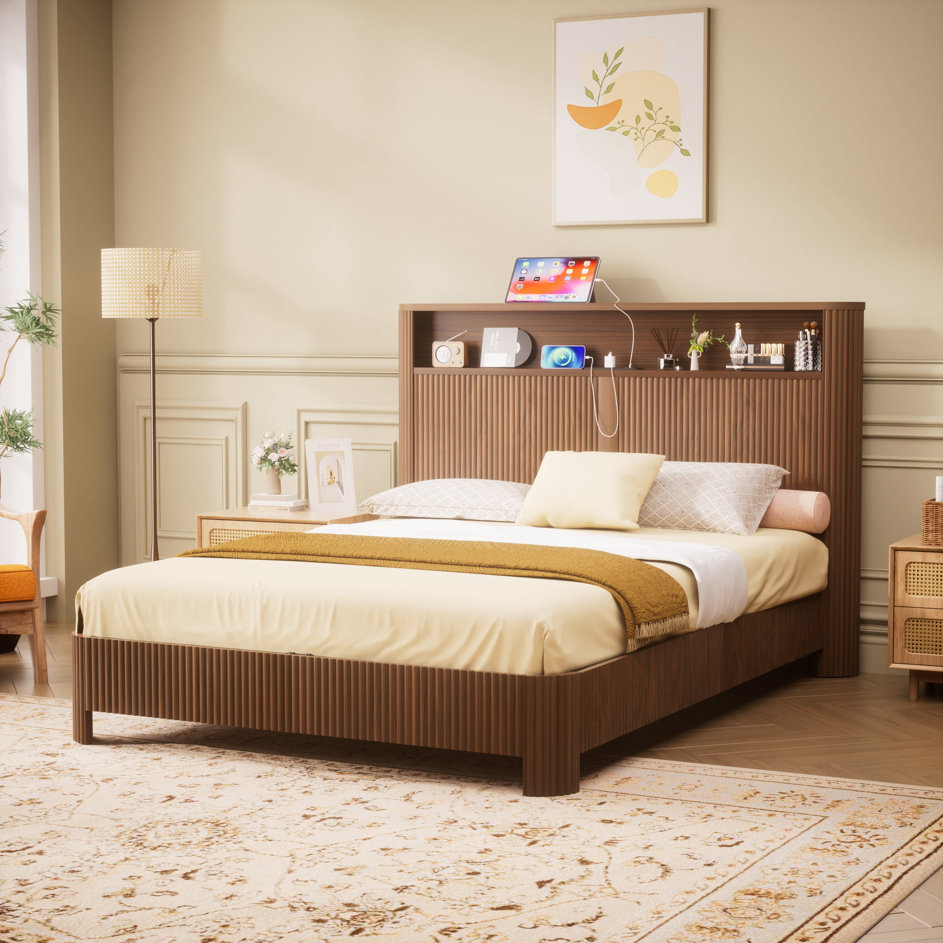 Queen Size Bed Frame,Modern Wave-Shaped Platform Bed with Storage Headboard,Built-in Charging Ports,Noise-Free Metal Support Structure,No Box Spring Needed