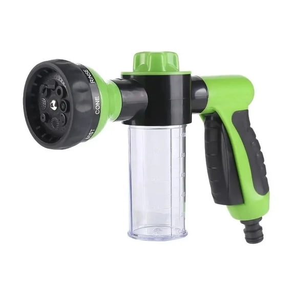 High-Pressure Foam Car Washing Water Gun with 8-Mode Adjustable Spray, Transparent Foam Pot for Car Cleaning & Gardening, Ergonomic Handle, Durable & Easy to Install for Household Use Green