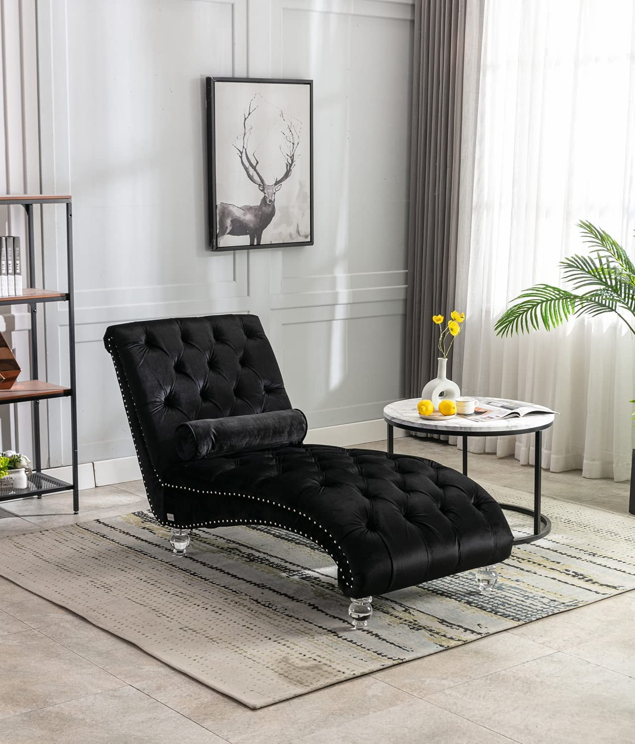 KINFFICT Velvet Chaise Lounge Chair with Toss Pillow, Modern Tufted