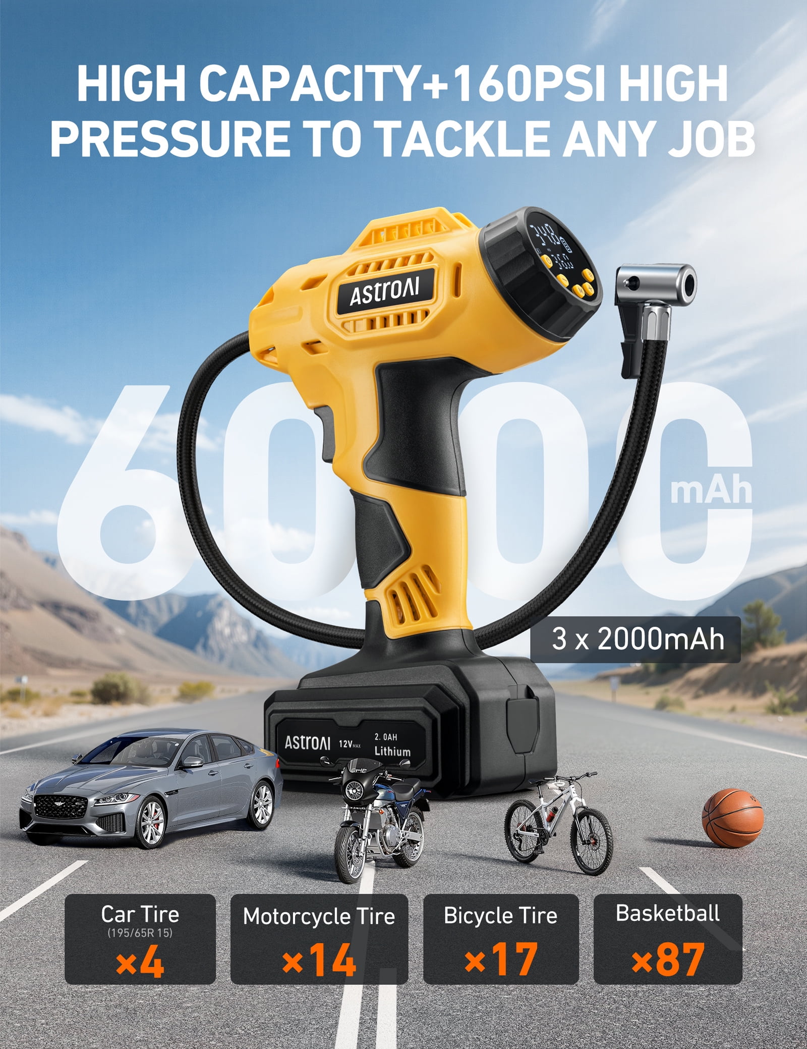 AstroAI C3 Cordless Tire Inflator Air Compressor 12V Rechargeable Battery Powered 160PSI