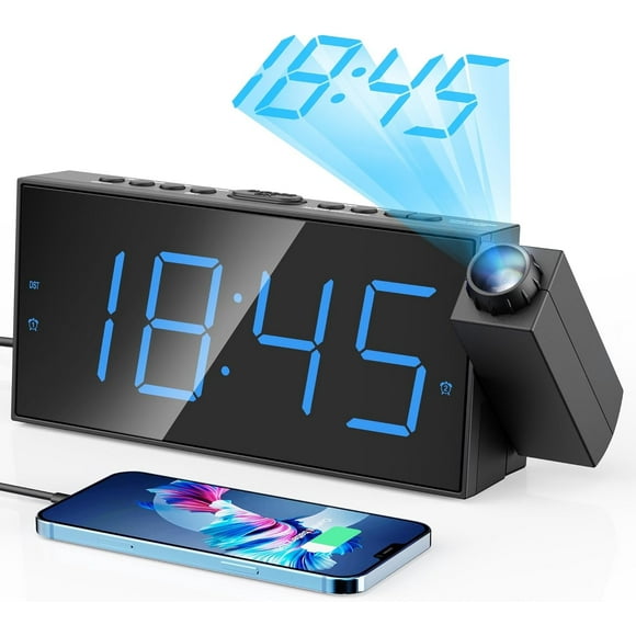 Projection Alarm Clock with 7" LED Display, Adjustable Dimmer, 5 Volume Levels, 9-Minute Snooze, Dual Alarm Functionality, USB Charging Port