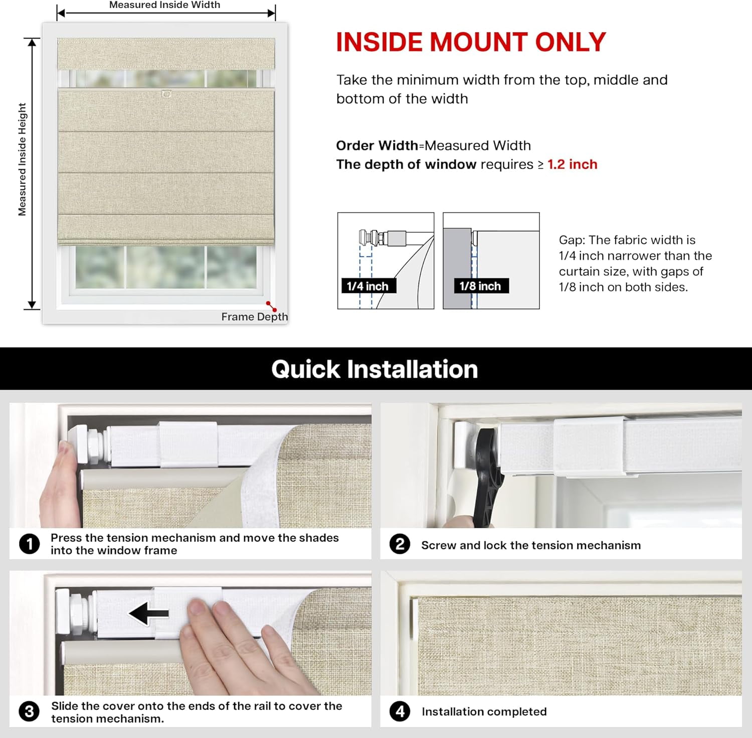 LazBlinds No Tools No Drill TDBU Cordless Roman Shades for Window, Thermal Insulated UV Blocking, 100% Blackout Fabric Blinds for Bedroom & Living Room, 31"W x 64"H, Blackout - Beige