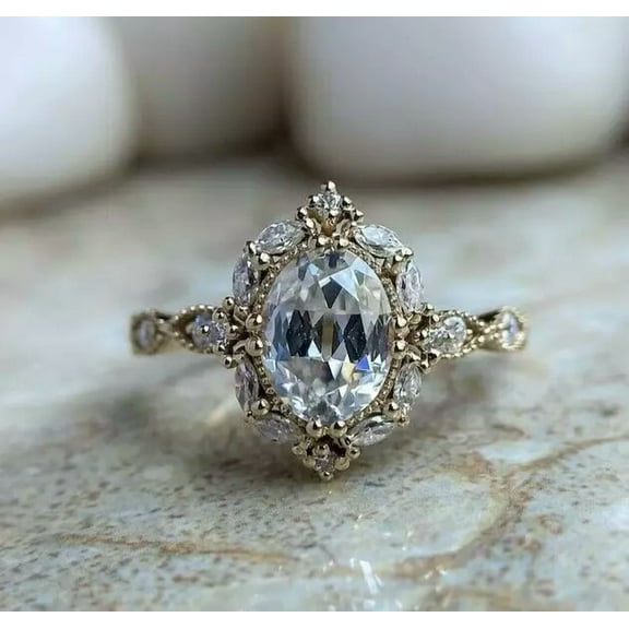 2Ct Oval & Marquise Cut Lab Created Diamond Women's Halo Ring in 14k Yellow Gold Plated