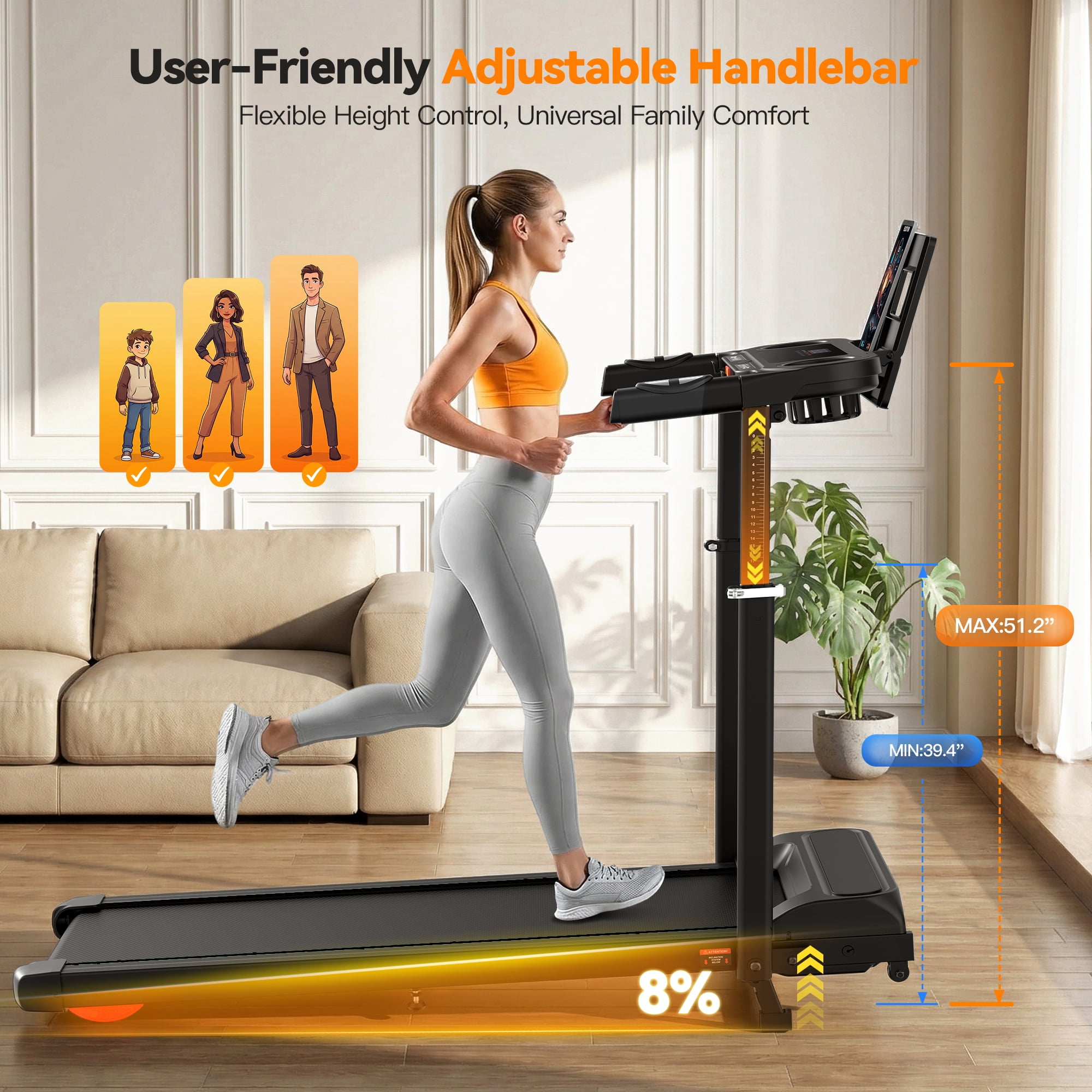 Kismom 8% Incline Treadmill with Adjustable Height & Foldable Workstation, 3.5HP Home Treadmill 300 lbs Capacity, 12 Programs & Heart Rate Monitor