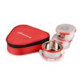 thumbnail image 1 of oliveware Freshy Lunch Box, Leak Proof, 3 Stainless Steel Containers with BPA Free Lid (300ml) Each, Fabric Bag - Red, 1 of 1