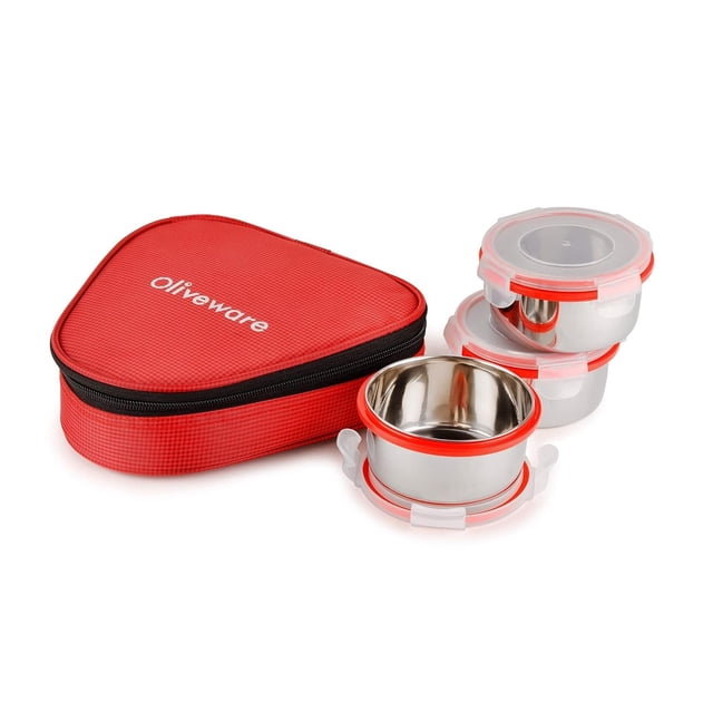 oliveware Freshy Lunch Box, Leak Proof, 3 Stainless Steel Containers with BPA Free Lid (300ml) Each, Fabric Bag - Red