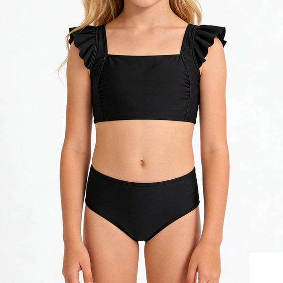 lnmuld Girls 2 Piece Square Neck Ruffle Trim Solid Color Swimsuit Color:Black,Size:7-8 Years