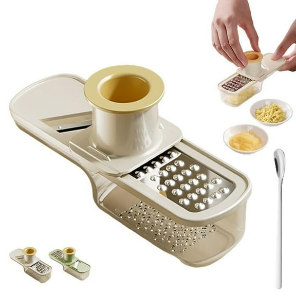 Multifunctional Garlic Grinder, 3 in 1 Multifunction Garlic Grinder Mini, Small Hand Held Veggie Grinder Shredder Slicer for Kitchen with Hand Guard, Container and Seasoning Spoon