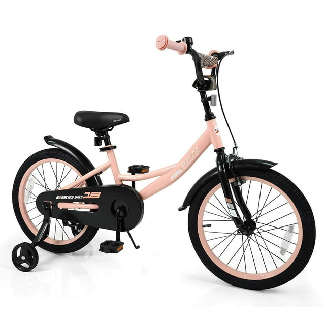Costway Vélo pour Enfants de 18 Pouces avec Roues Stabilisatrices, Freins Doubles, Hauteur de Selle et de Guidon Ajustable Rose