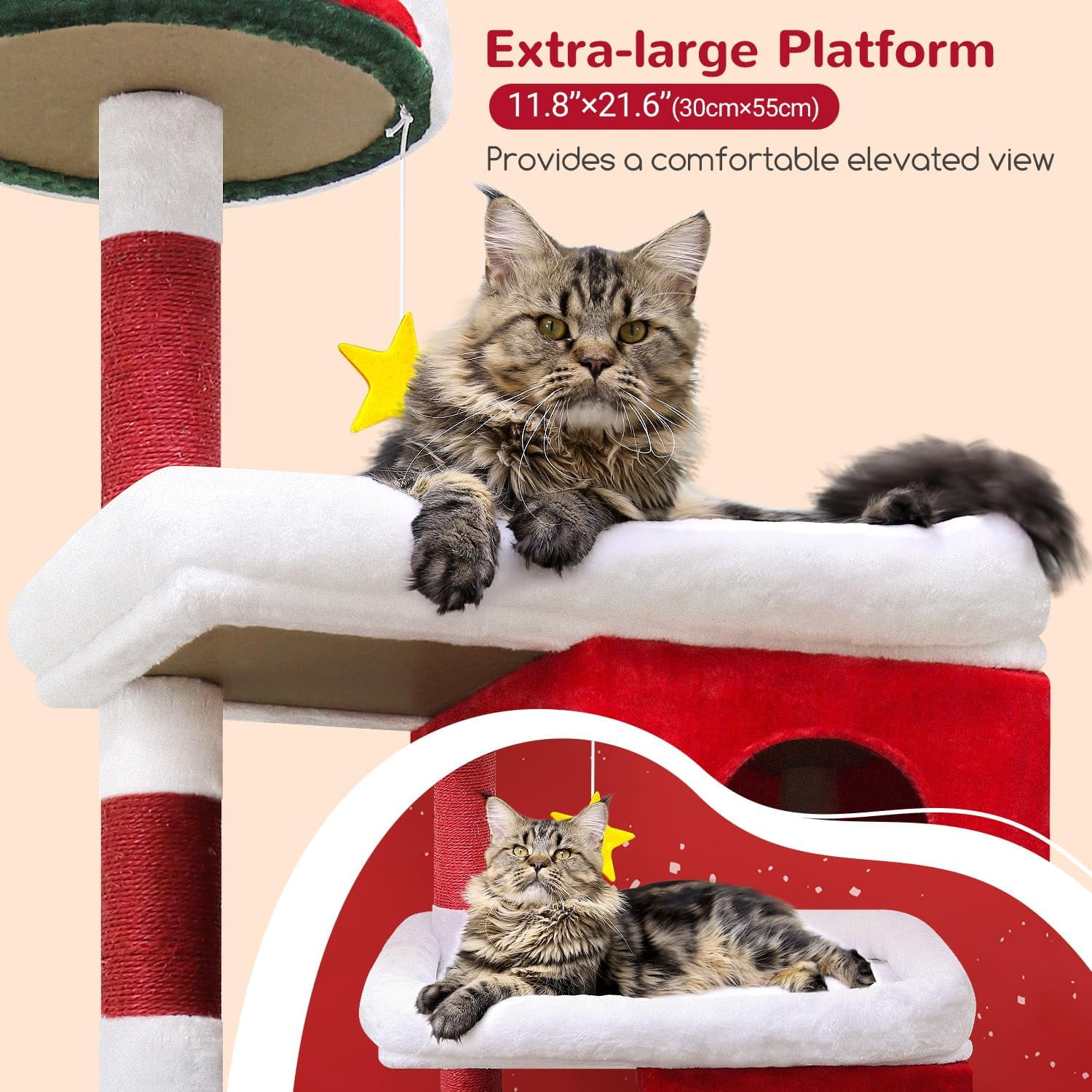 Heavy Duty 72" Cat Tree for Large Cats, Maine Coon Tower with 6 Scratching Posts & Hammock, CT73S, Red White Green
