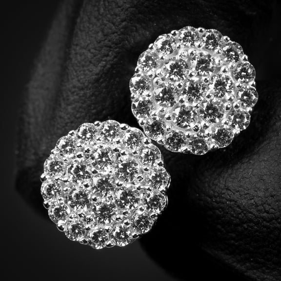 White Gold Plated 925 Sterling Silver Post Unisex Round Hip hop CZ Cluster Screw Back Circle Shape Stud Earrings