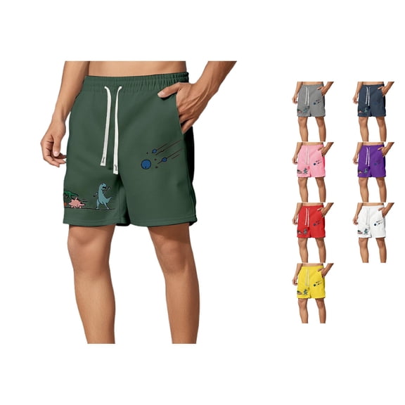 ZHOGXU Father's Day Men's Summer Shorts Drawstring Elastic Waist Dinosaurs Print Lightweight Comfortable Sports Shorts With Pockets For Outdoor Activities,Dark Green,M