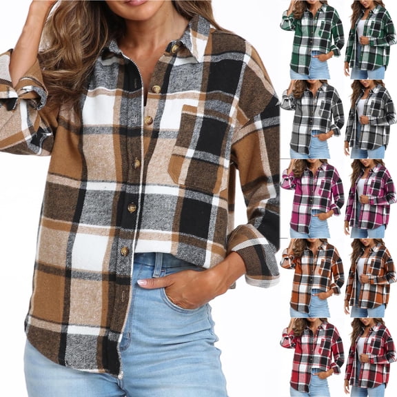 Otntypg Flannel Plaid Button Down Shirts for Women Lightweight Casual Fall Winter Long Sleeve Shacket Jacket Trendy Comfy Warm Outwear Tops with Pockets Green L