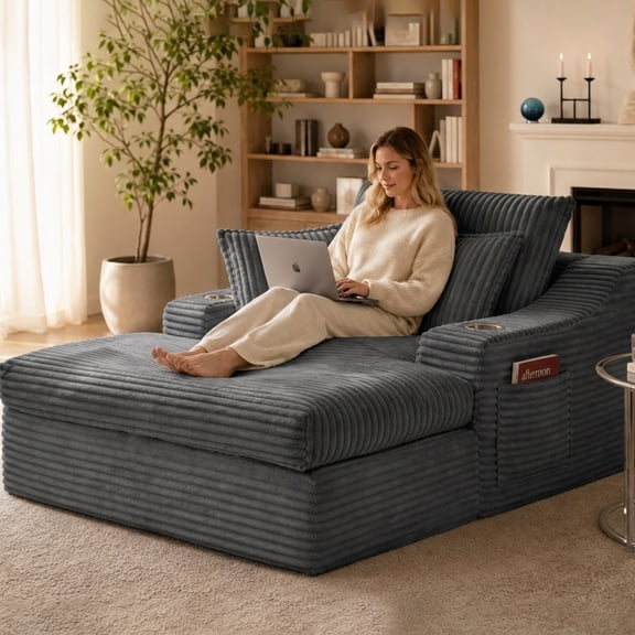 67.7" Oversized Chaise Lounge Chair with 3 Pillows, Upholstered Corduroy Cloud Convertible Sleeper Sofa Couch Bed with Cup Holder and Side Pocket for Living Room, Bedroom, Apartment, Gray