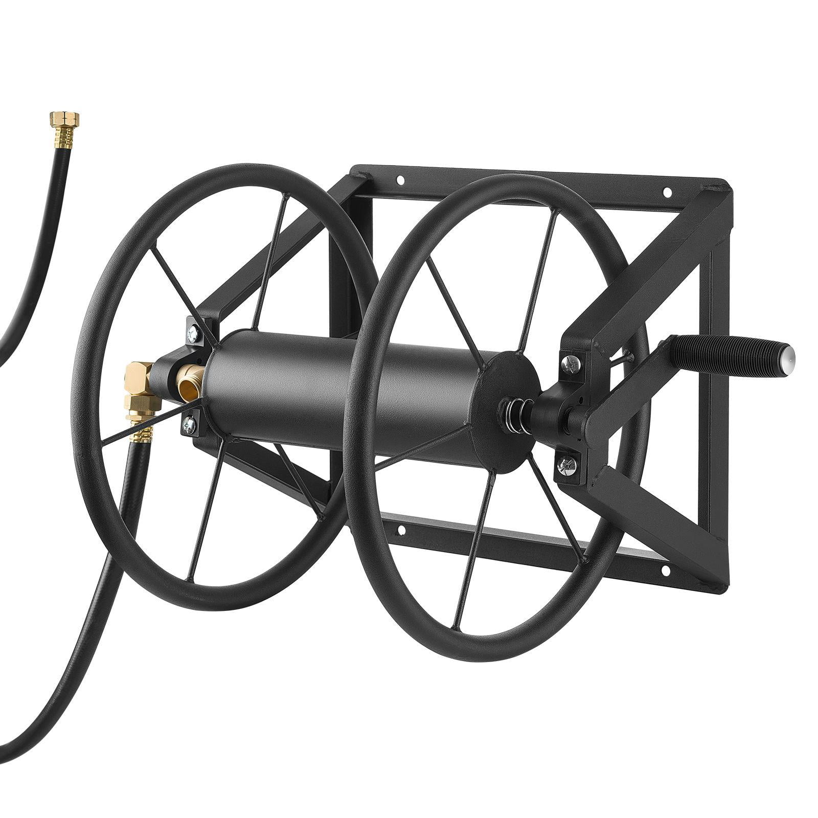 Wall Mounted Garden Hose Reel Heavy Duty Steel 200 ft 5/8 Inch Manual Water Hose Winder with Brass Fitting 5ft Leader Hose for Yard Lawn Garage Space Saving