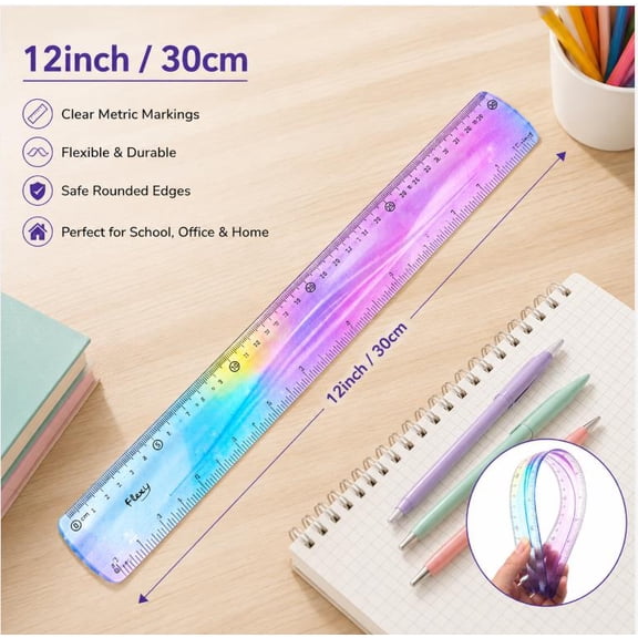 Plertrvy Flexible Ruler, 12 Inch Bendable Ruler with Inches and Centimeters, Shatterproof Soft Ruler for Home Office Supplies, Classroom Must Haves (30cm)